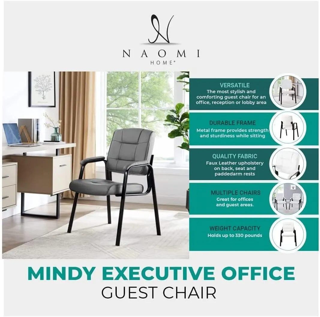 Naomi Home Office Guest and Reception Chairs with Extra Seating Area, Padded Arms and Back Support, Office Chair with No Wheels Set of 2, Silla de Oficina - Faux Leather, Gray