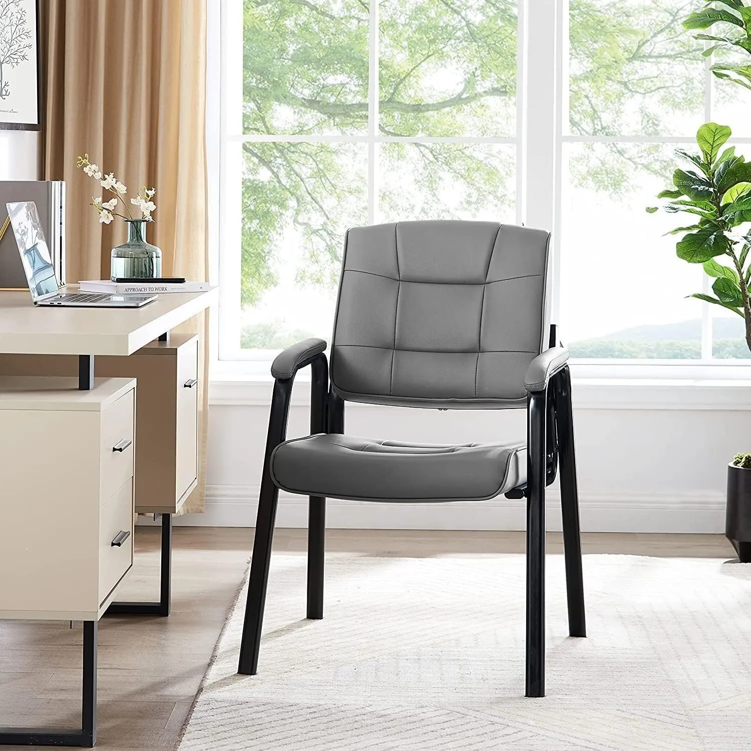 Naomi Home Office Guest and Reception Chairs with Extra Seating Area, Padded Arms and Back Support, Office Chair with No Wheels Set of 2, Silla de Oficina - Faux Leather, Gray