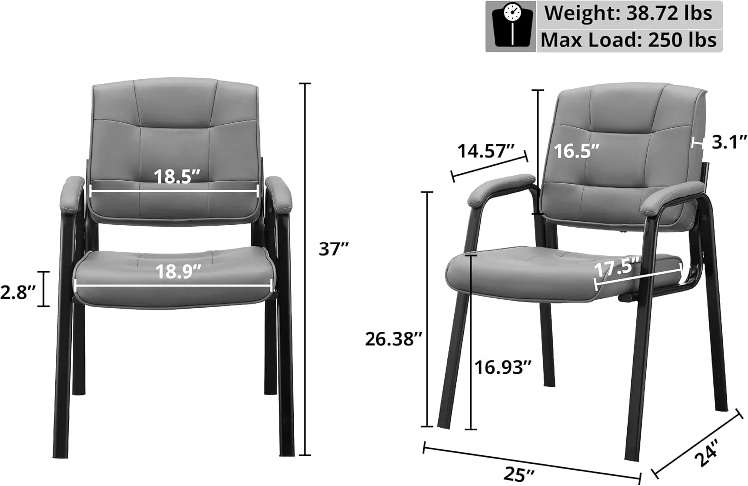 Naomi Home Office Guest and Reception Chairs with Extra Seating Area, Padded Arms and Back Support, Office Chair with No Wheels Set of 2, Silla de Oficina - Faux Leather, Gray