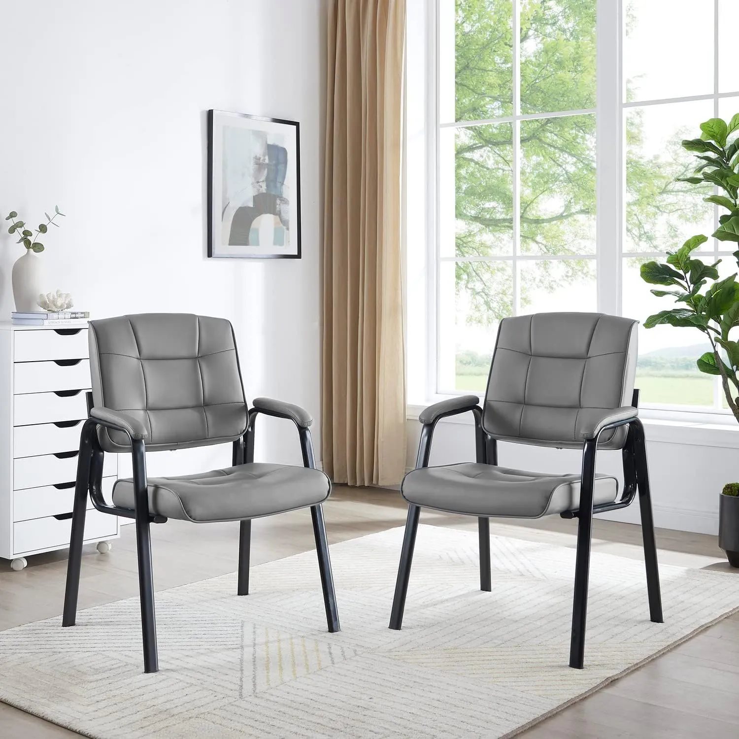 Naomi Home Office Guest and Reception Chairs with Extra Seating Area, Padded Arms and Back Support, Office Chair with No Wheels Set of 2, Silla de Oficina - Faux Leather, Gray