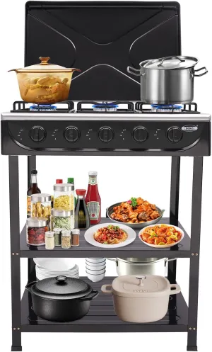 Natural Gas Stove with 5 Burners, 2.5KW Portable Natural Gas Stove w/Wind Blocking Cover & 2 Placement Boards Outdoor 5-Burner Stove for Camping Cookout