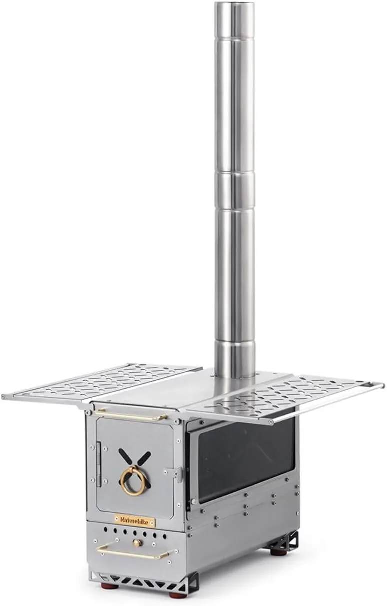 Naturehike 201 Stainless Steel Portable Outdoor Wood Burning Stove, 17.85lbs Heater Burner with Fireproof Glass Window, Outdoor Camping Stove Oven for Back Packing, Fishing, Hiking, Picnic BBQ, Gray