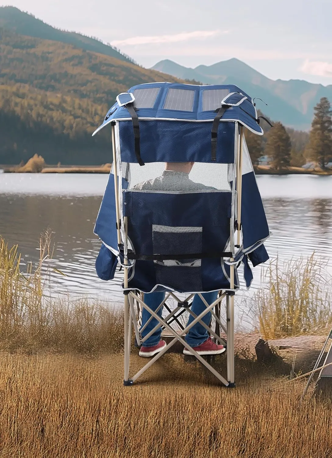 Nice C Chair with Shade, Chair with Canopy, Sports Chairs, Folding Chairs for Outside with Canopy, USB, Type-C&DC Charging Cable Included, with 30W Solar Panels, Removable Footrest&Cooler Bag (2 Navy)