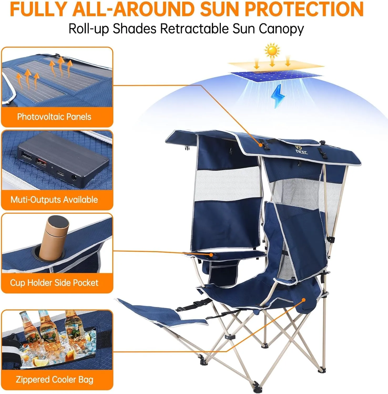 Nice C Chair with Shade, Chair with Canopy, Sports Chairs, Folding Chairs for Outside with Canopy, USB, Type-C&DC Charging Cable Included, with 30W Solar Panels, Removable Footrest&Cooler Bag (2 Navy)