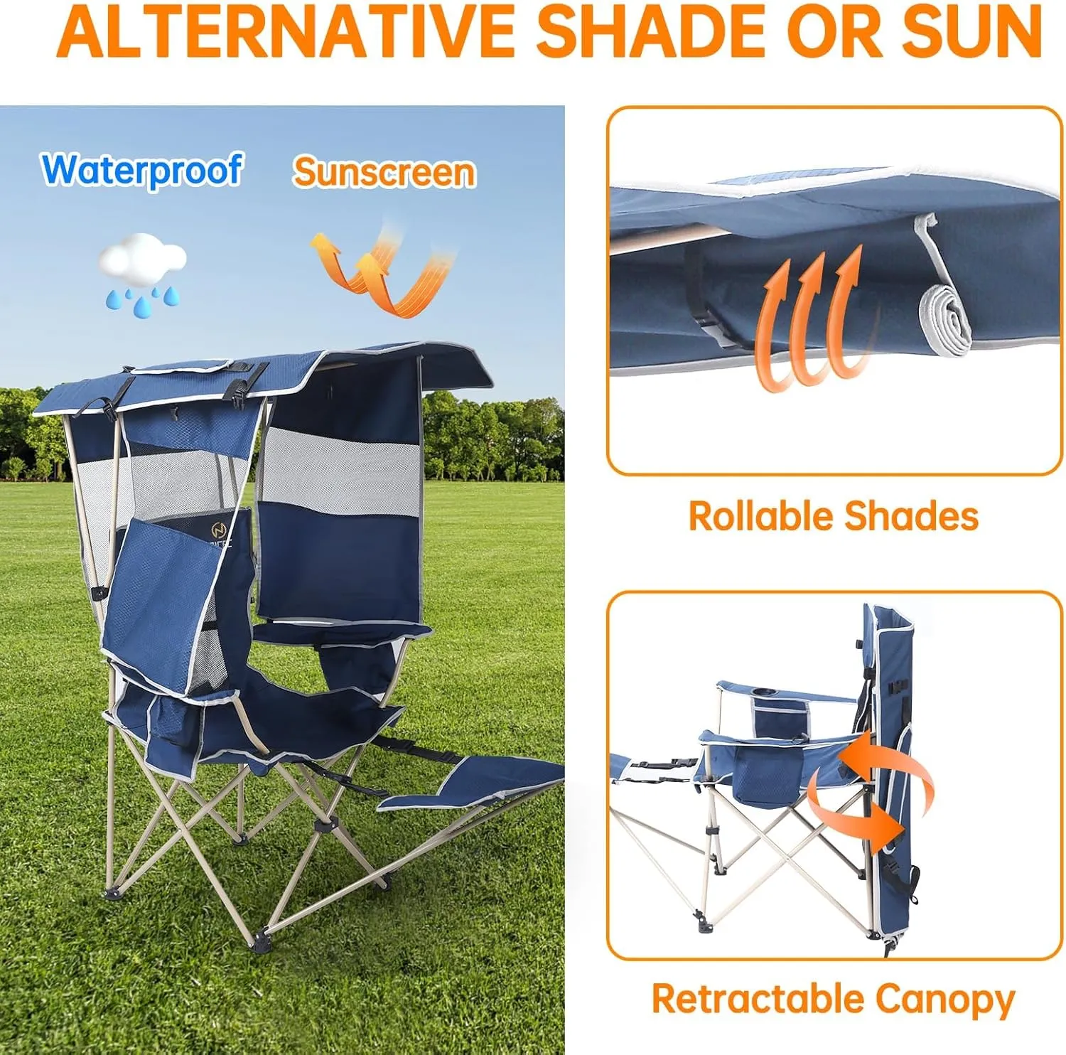 Nice C Chair with Shade, Chair with Canopy, Sports Chairs, Folding Chairs for Outside with Canopy, USB, Type-C&DC Charging Cable Included, with 30W Solar Panels, Removable Footrest&Cooler Bag (2 Navy)