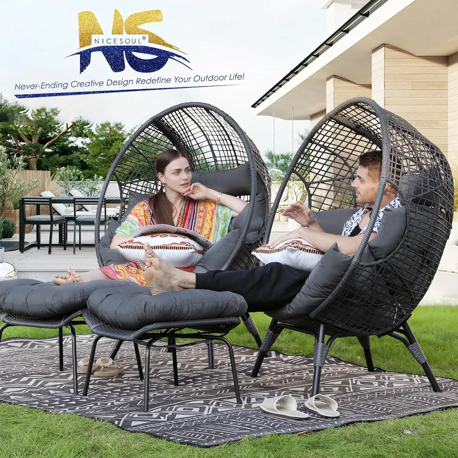 NICESOUL® Outdoor Wicker Egg Chair, Comfortable Eggshell Lounger w/Ottoman, XL Large Giant Round Patio Chair 440lbs, Modern Deep Seat Egg Nest Chair with Cover for Patio, Inside, Outside, Deck, Grey