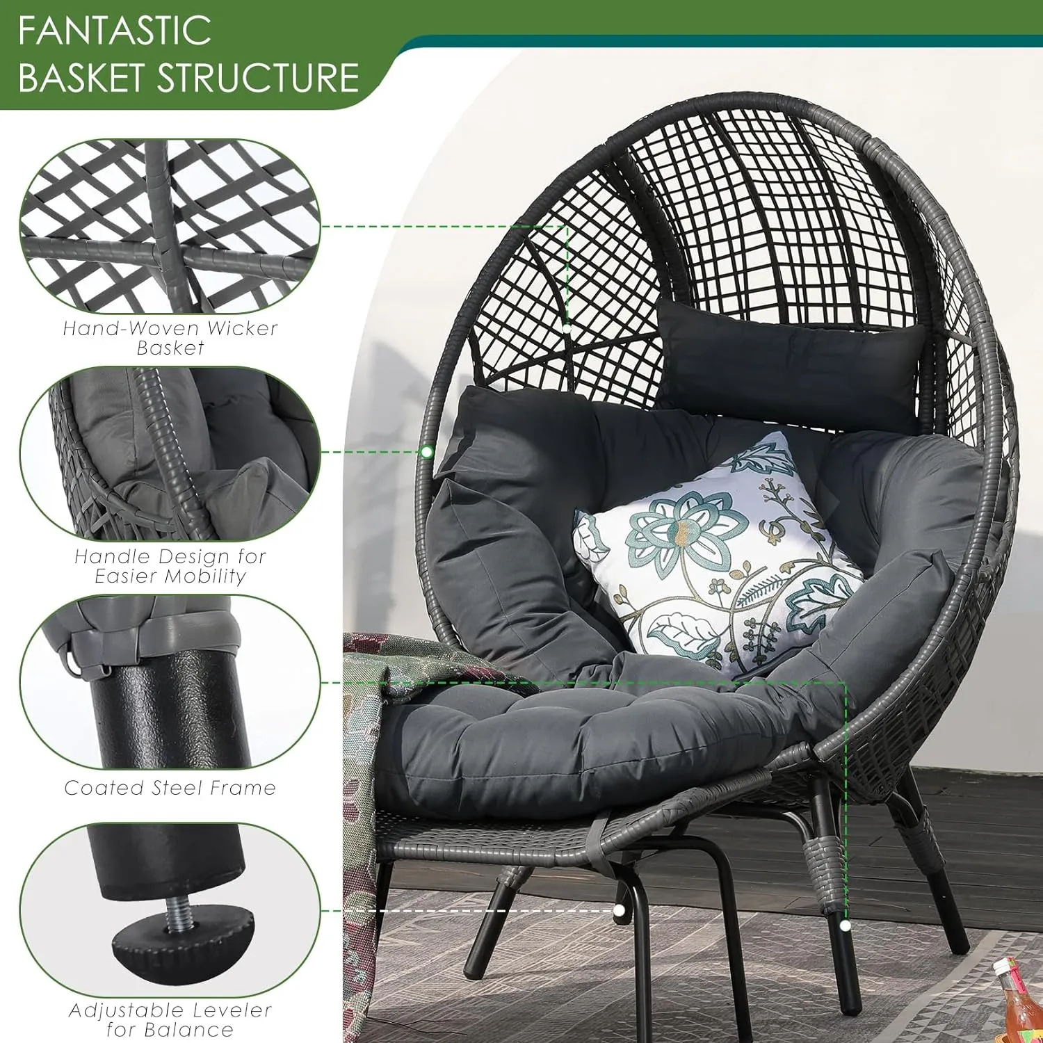 NICESOUL® Outdoor Wicker Egg Chair, Comfortable Eggshell Lounger w/Ottoman, XL Large Giant Round Patio Chair 440lbs, Modern Deep Seat Egg Nest Chair with Cover for Patio, Inside, Outside, Deck, Grey