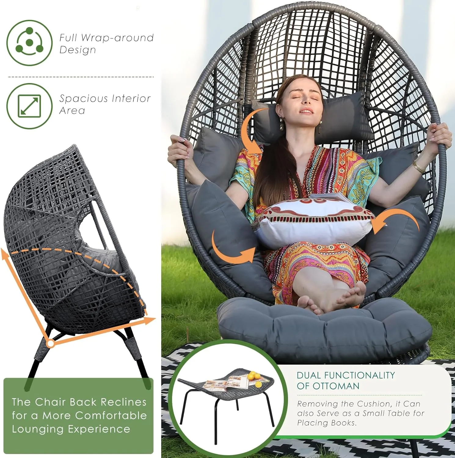NICESOUL® Outdoor Wicker Egg Chair, Comfortable Eggshell Lounger w/Ottoman, XL Large Giant Round Patio Chair 440lbs, Modern Deep Seat Egg Nest Chair with Cover for Patio, Inside, Outside, Deck, Grey