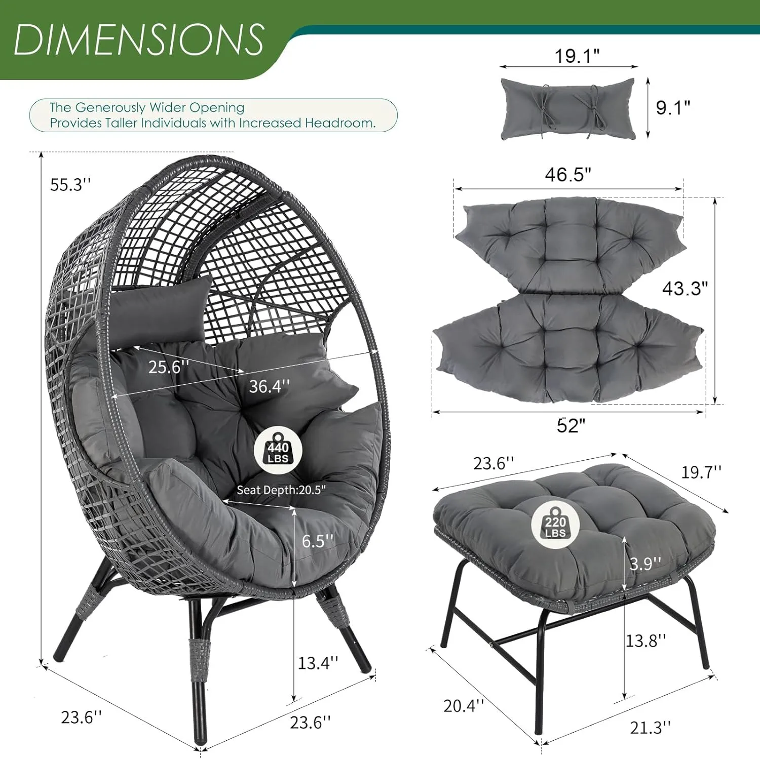 NICESOUL® Outdoor Wicker Egg Chair, Comfortable Eggshell Lounger w/Ottoman, XL Large Giant Round Patio Chair 440lbs, Modern Deep Seat Egg Nest Chair with Cover for Patio, Inside, Outside, Deck, Grey