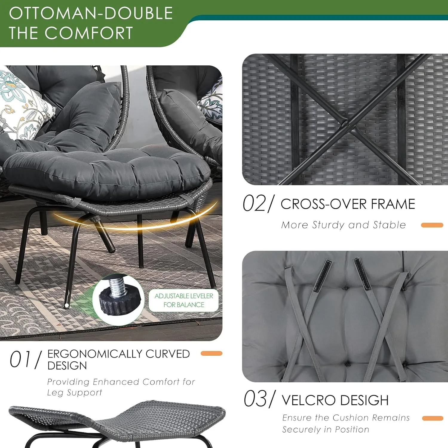 NICESOUL® Outdoor Wicker Egg Chair, Comfortable Eggshell Lounger w/Ottoman, XL Large Giant Round Patio Chair 440lbs, Modern Deep Seat Egg Nest Chair with Cover for Patio, Inside, Outside, Deck, Grey