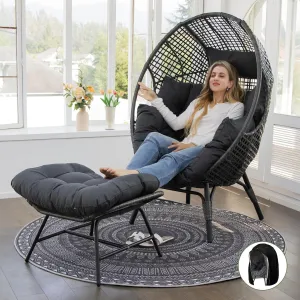 NICESOUL® Outdoor Wicker Egg Chair, Comfortable Eggshell Lounger w/Ottoman, XL Large Giant Round Patio Chair 440lbs, Modern Deep Seat Egg Nest Chair with Cover for Patio, Inside, Outside, Deck, Grey
