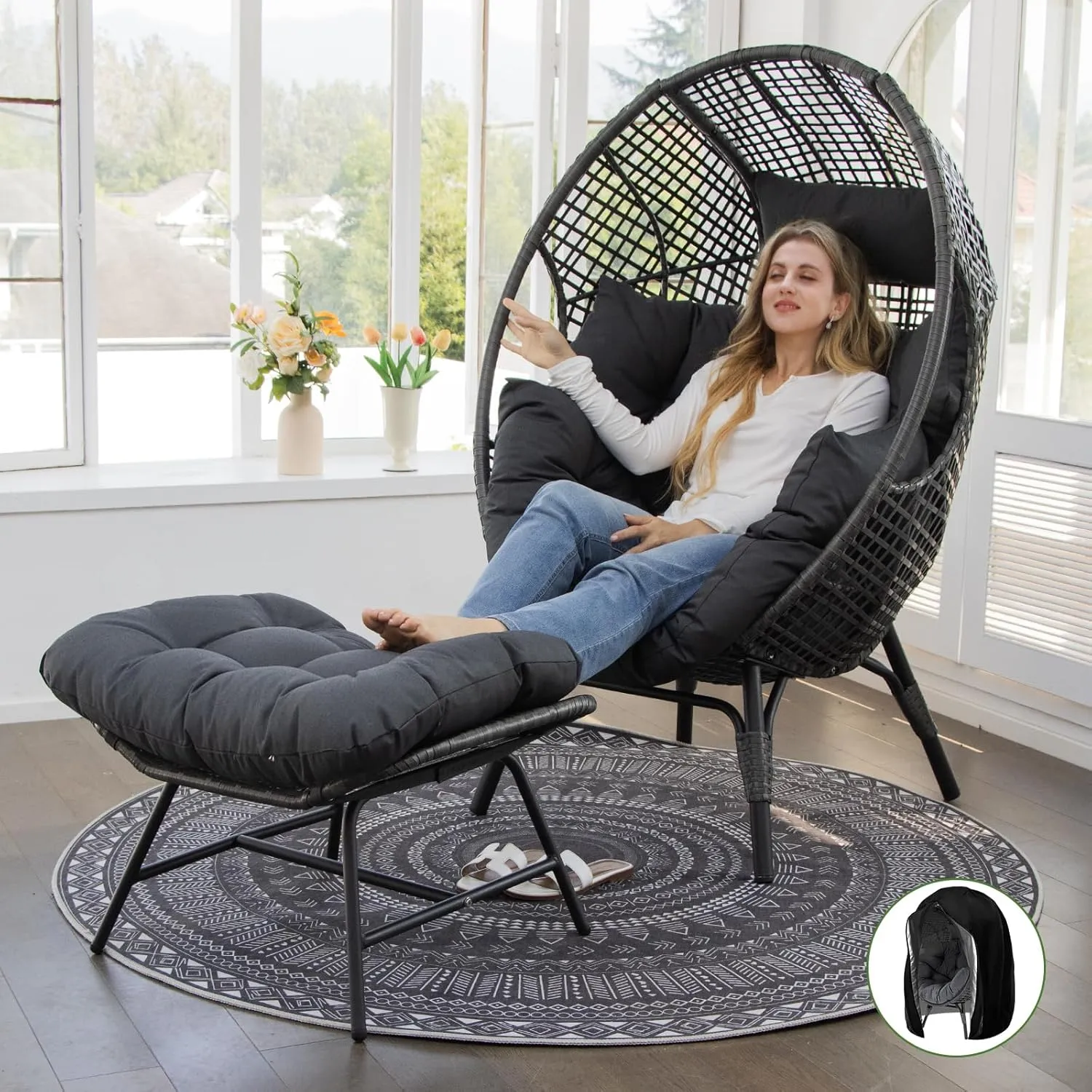 NICESOUL® Outdoor Wicker Egg Chair, Comfortable Eggshell Lounger w/Ottoman, XL Large Giant Round Patio Chair 440lbs, Modern Deep Seat Egg Nest Chair with Cover for Patio, Inside, Outside, Deck, Grey