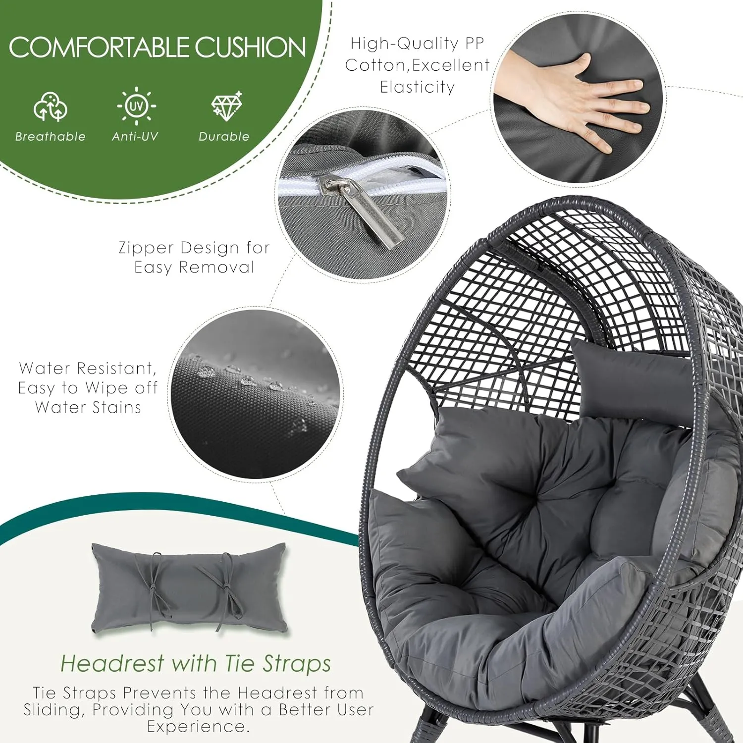 NICESOUL® Outdoor Wicker Egg Chair, Comfortable Eggshell Lounger w/Ottoman, XL Large Giant Round Patio Chair 440lbs, Modern Deep Seat Egg Nest Chair with Cover for Patio, Inside, Outside, Deck, Grey