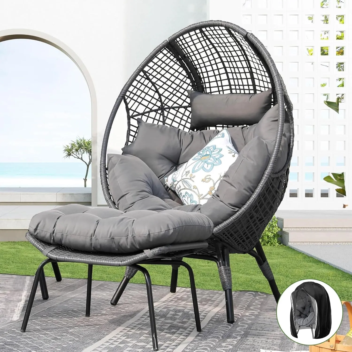 NICESOUL® Outdoor Wicker Egg Chair, Comfortable Eggshell Lounger w/Ottoman, XL Large Giant Round Patio Chair 440lbs, Modern Deep Seat Egg Nest Chair with Cover for Patio, Inside, Outside, Deck, Grey
