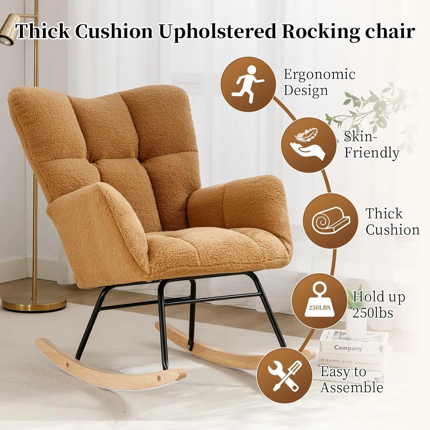 NIOIIKIT Nursery Rocking Chair Teddy Upholstered Glider Rocker Rocking Accent Chair Padded Seat with High Backrest Armchair Comfy Side Chair for Living Room Bedroom Offices (Kahaki Teddy)