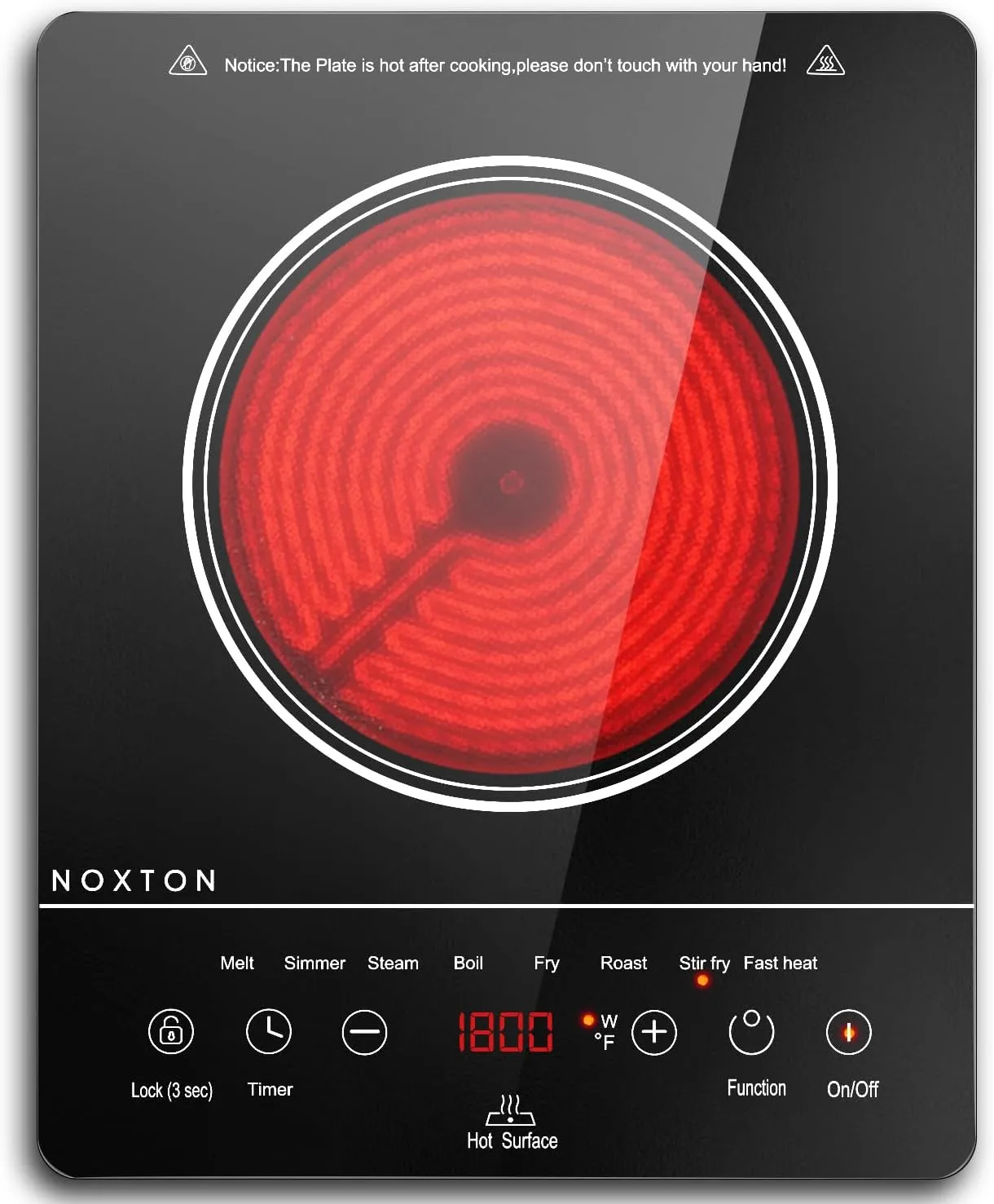 Noxton Portable Electric Stove 110V, 1800W Single Burner Electric Cooktop, Countertop Burner Electri Hot Plate, 4 Hour Timer, 9 Power Level, Child Safety Lock, Compatible with All Cookware(Black)