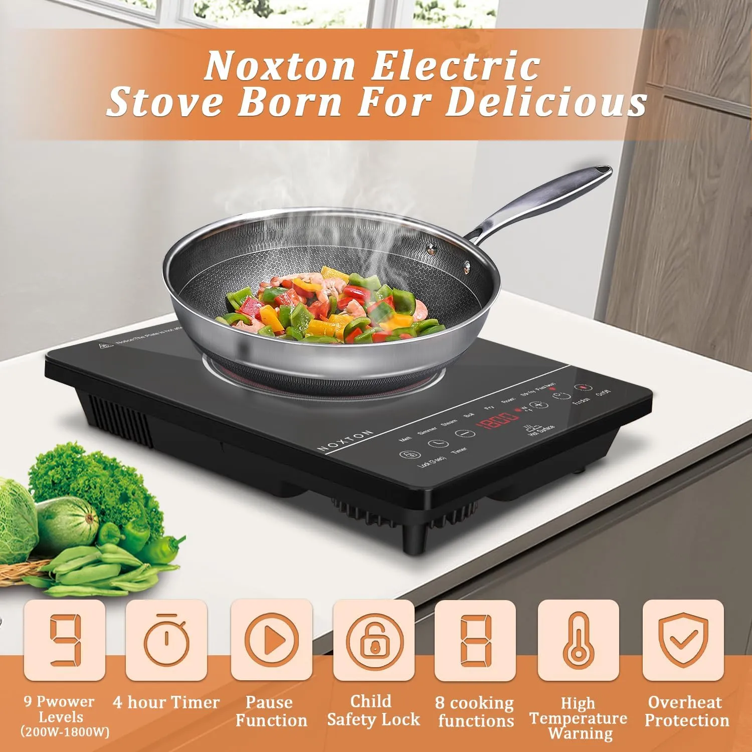 Noxton Portable Electric Stove 110V, 1800W Single Burner Electric Cooktop, Countertop Burner Electri Hot Plate, 4 Hour Timer, 9 Power Level, Child Safety Lock, Compatible with All Cookware(Black)