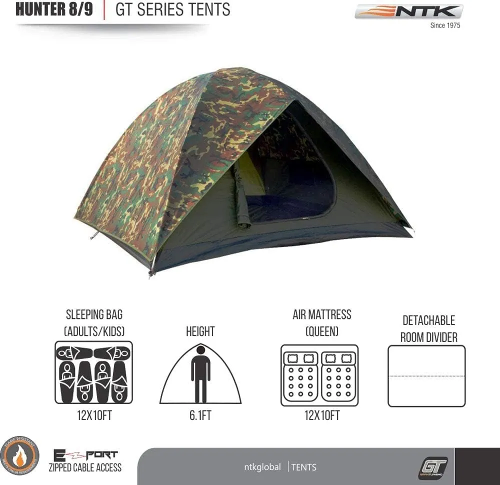 NTK Hunter GT 4/6/8 Outdoor Dome Woodland Camo Camping Tent 100% Waterproof 2500mm, Easy Assembly, Durable Fabric Full Coverage Rainfly - Micro Mosquito Mesh