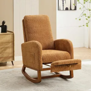 Nursery Rocking Chair with Foot Rest, Upholstered Glider Chair with Two Side Pockets, High Back Nursing Chair, Rocker Accent Armchair for Bedroom Living Room (Caramel)