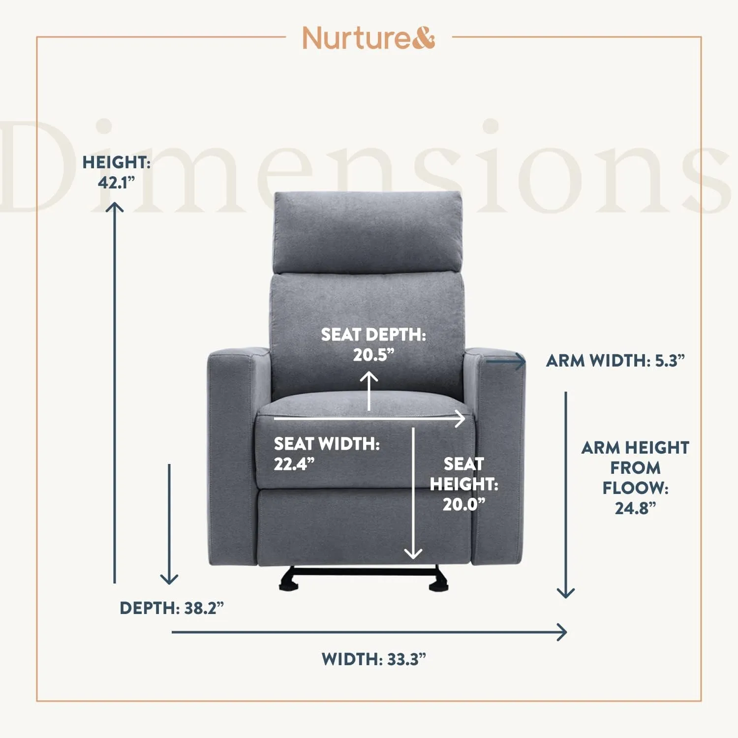 Nurture& The Manual Glider Premium Modern Recliner Nursery Glider Chair with Spill, Stain Proof Fabric | Designed with a Thoughtful Combination of Function and Comfort | Water Repellant (Gray)