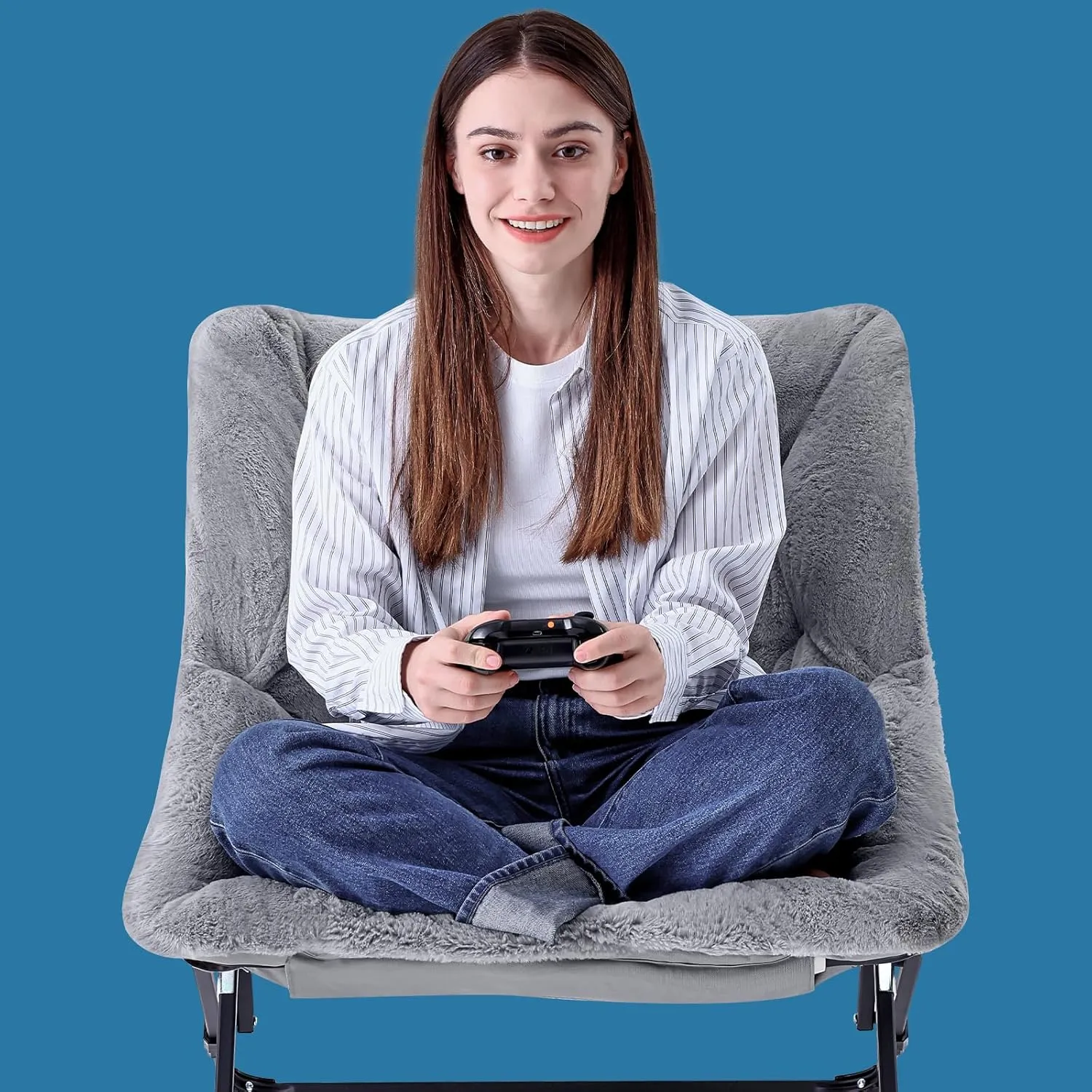 Oakham Comfy Chair for Adults, Soft Faux Fur Folding Lounge for Bedroom Living Room Dorm Rooms Flexible Reading Chair for Teens Kids, X-Large Foldable (Faux Fur-Grey)