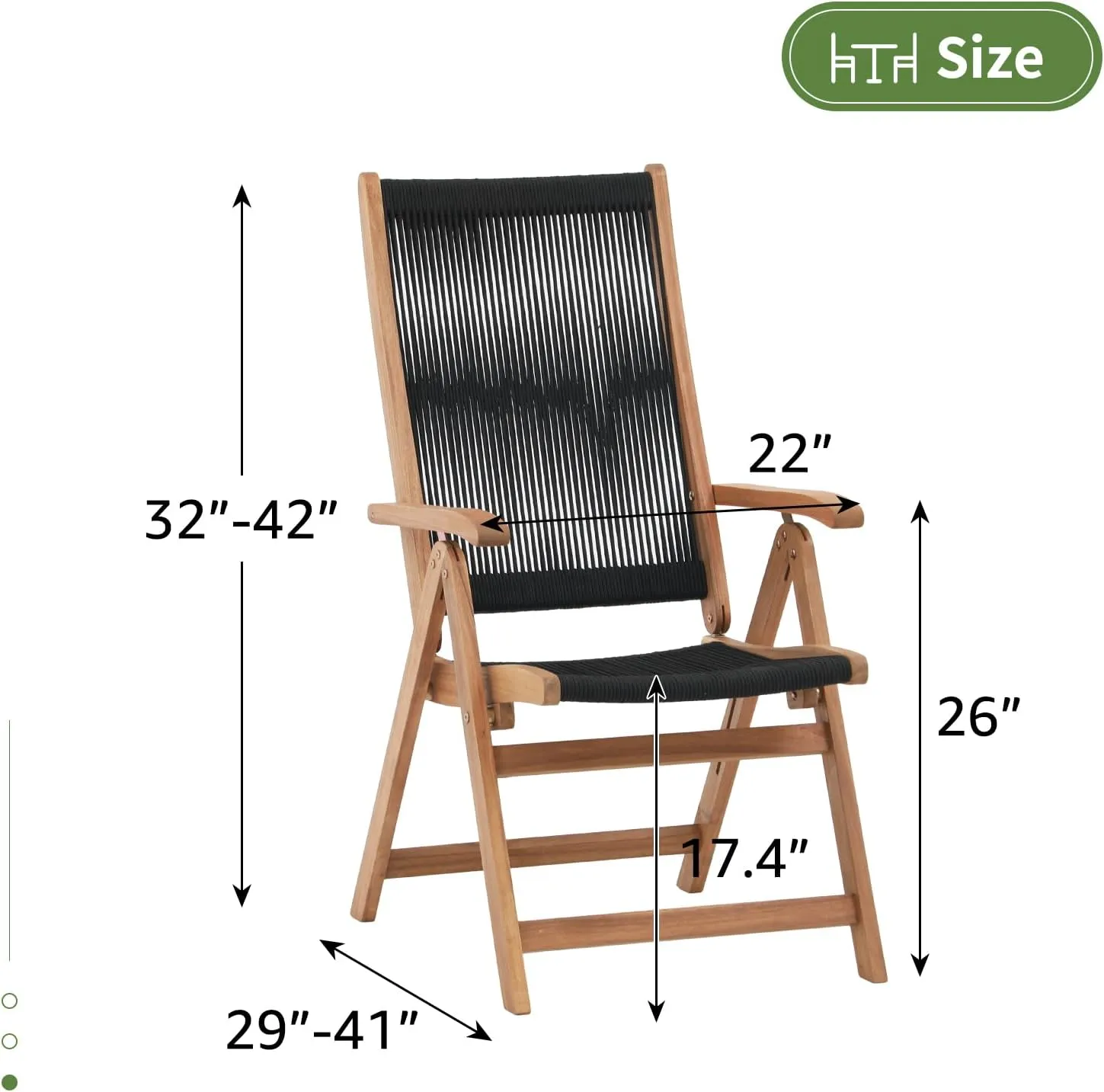 OC Orange-Casual Folding Patio Dining Chair Set of 2, Outdoor Acacia Wooden Rope Reclining Chair w/Armrest, Solid Wood, for Porch, Backyard, Garden, Indoor, Black