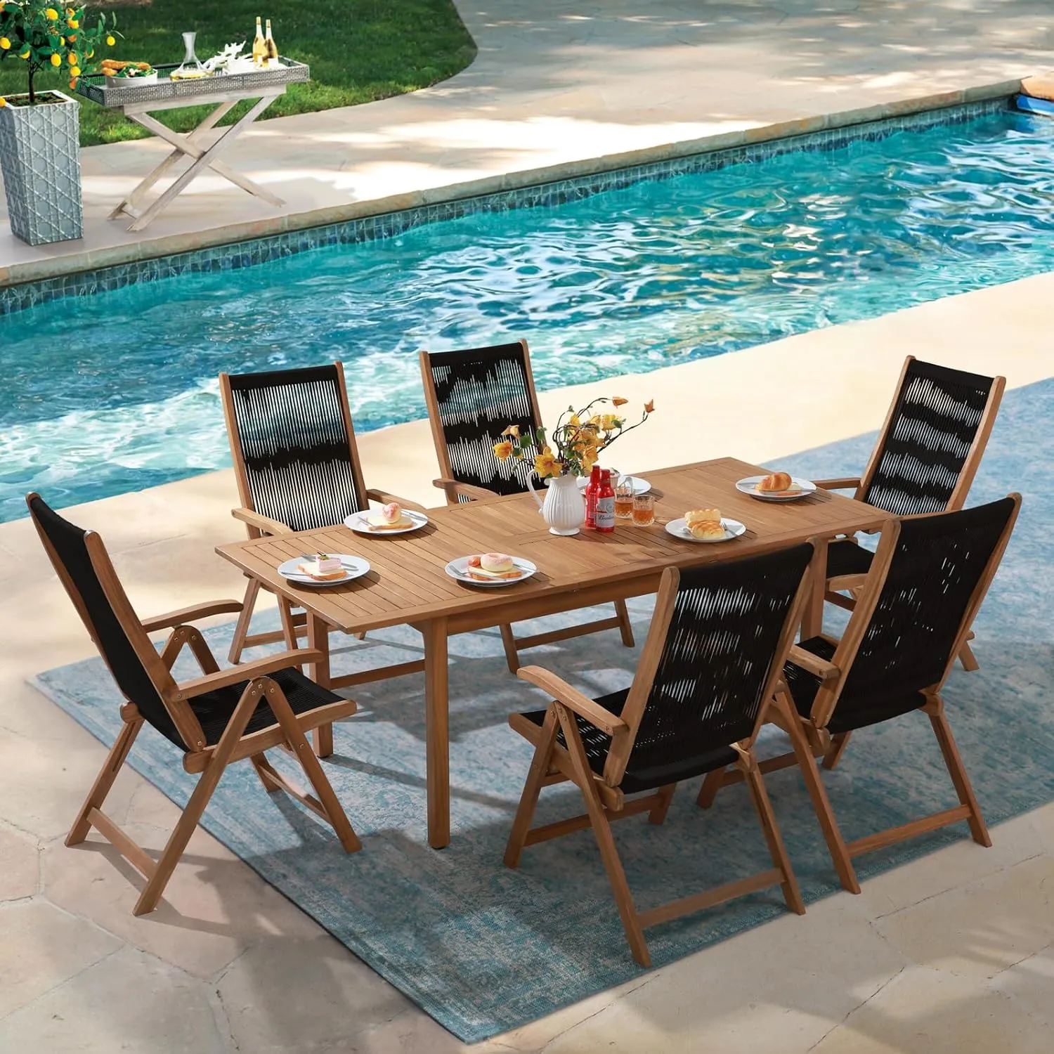 OC Orange-Casual Folding Patio Dining Chair Set of 2, Outdoor Acacia Wooden Rope Reclining Chair w/Armrest, Solid Wood, for Porch, Backyard, Garden, Indoor, Black