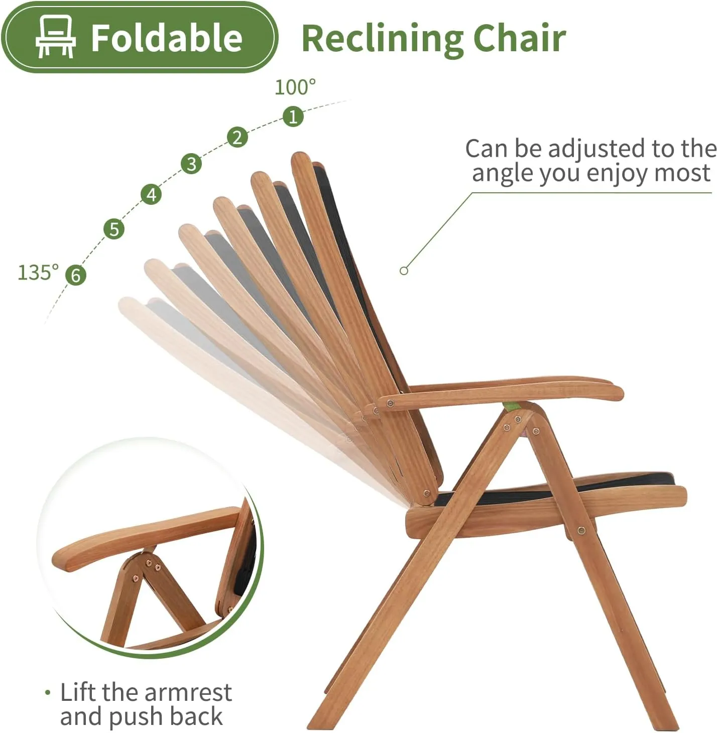 OC Orange-Casual Folding Patio Dining Chair Set of 2, Outdoor Acacia Wooden Rope Reclining Chair w/Armrest, Solid Wood, for Porch, Backyard, Garden, Indoor, Black