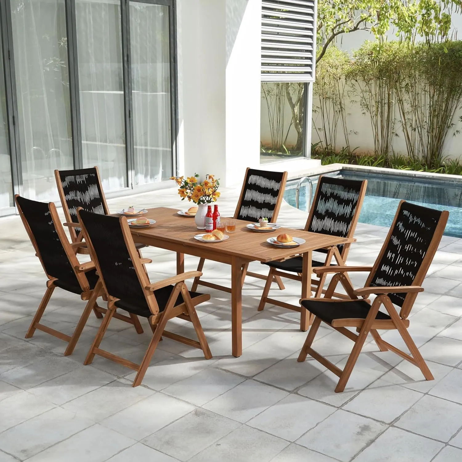 OC Orange-Casual Folding Patio Dining Chair Set of 2, Outdoor Acacia Wooden Rope Reclining Chair w/Armrest, Solid Wood, for Porch, Backyard, Garden, Indoor, Black