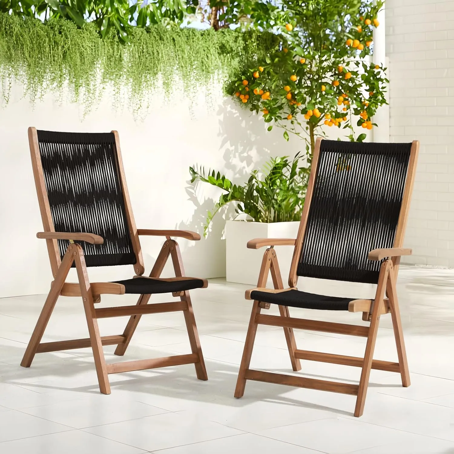 OC Orange-Casual Folding Patio Dining Chair Set of 2, Outdoor Acacia Wooden Rope Reclining Chair w/Armrest, Solid Wood, for Porch, Backyard, Garden, Indoor, Black