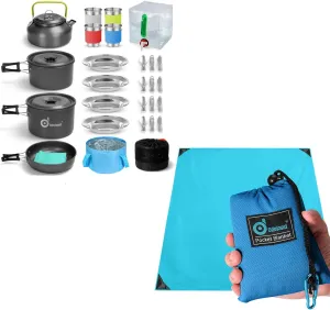 Odoland Bundle - 2 Items 29pcs Camping Cookware Mess Kit and 71" x 63" SandProof Waterproof Outdoor Pocket Blanket with Portable Bag, Beach Blanket Picnic Blanket Blue