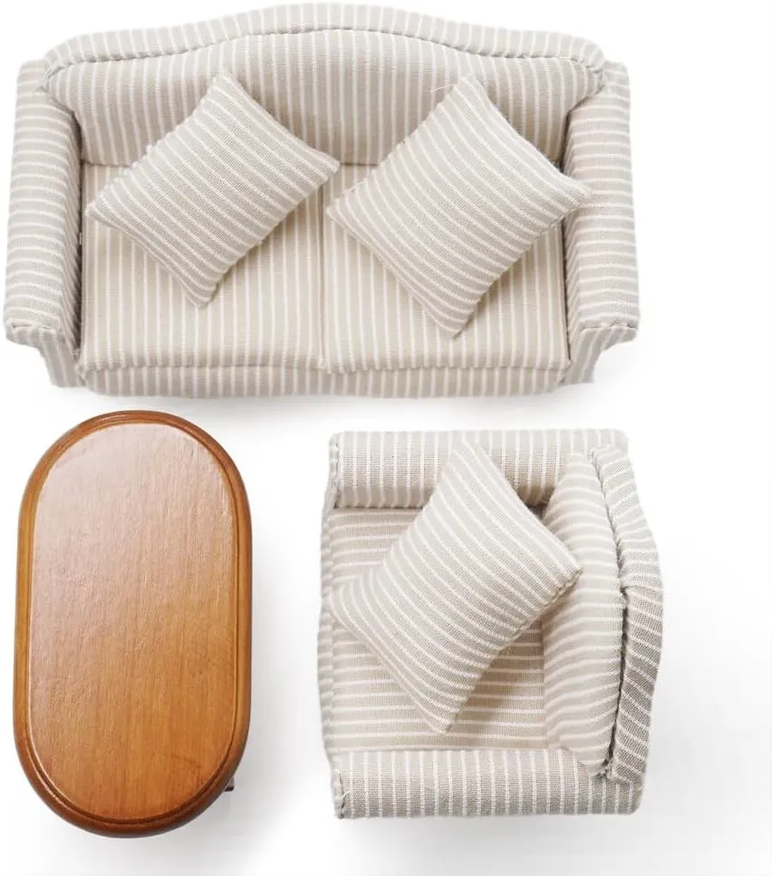 Odoria 1/12 Miniature Brown Coffee Table and Upholstered Chair Sofa Set Mini Armchair Striped Khaki Couch Miniatures Dollhouse Furniture Accessories Doll House Accessory