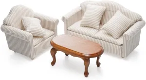 Odoria 1/12 Miniature Brown Coffee Table and Upholstered Chair Sofa Set Mini Armchair Striped Khaki Couch Miniatures Dollhouse Furniture Accessories Doll House Accessory