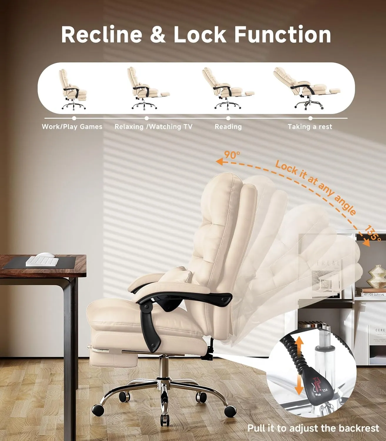 Office Chair, Big and Tall Office Desk Chair, Ergonomic Office Chair, 400LBS PU Leather Computer Chairs, Executive Chair with Foot Rest and Lumbar Pillow (Beige)