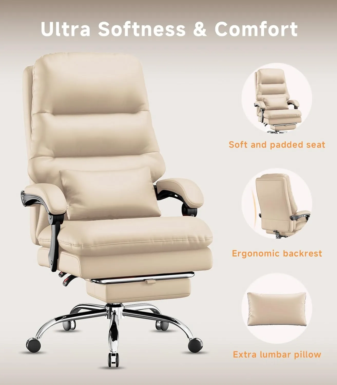 Office Chair, Big and Tall Office Desk Chair, Ergonomic Office Chair, 400LBS PU Leather Computer Chairs, Executive Chair with Foot Rest and Lumbar Pillow (Beige)