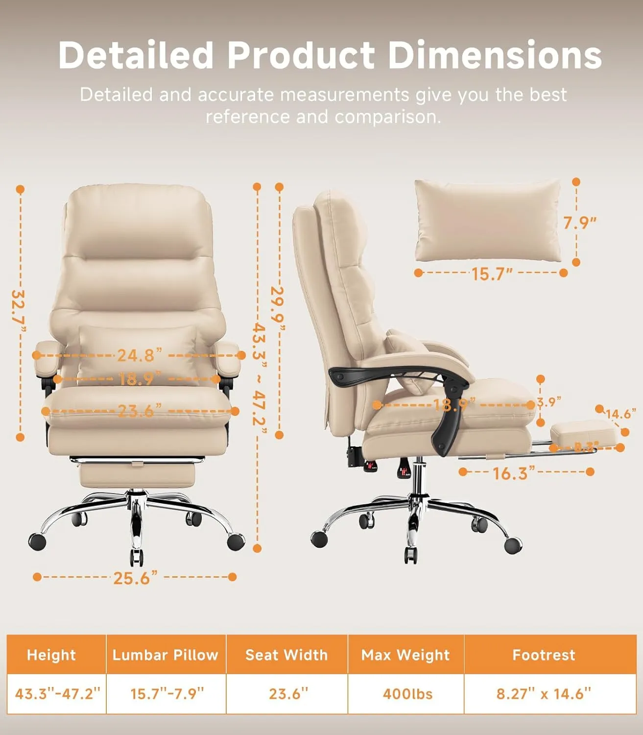 Office Chair, Big and Tall Office Desk Chair, Ergonomic Office Chair, 400LBS PU Leather Computer Chairs, Executive Chair with Foot Rest and Lumbar Pillow (Beige)