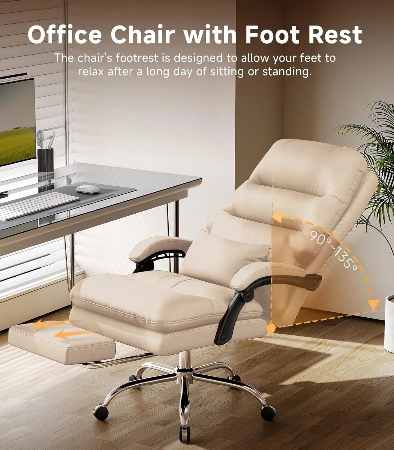 Office Chair, Big and Tall Office Desk Chair, Ergonomic Office Chair, 400LBS PU Leather Computer Chairs, Executive Chair with Foot Rest and Lumbar Pillow (Beige)