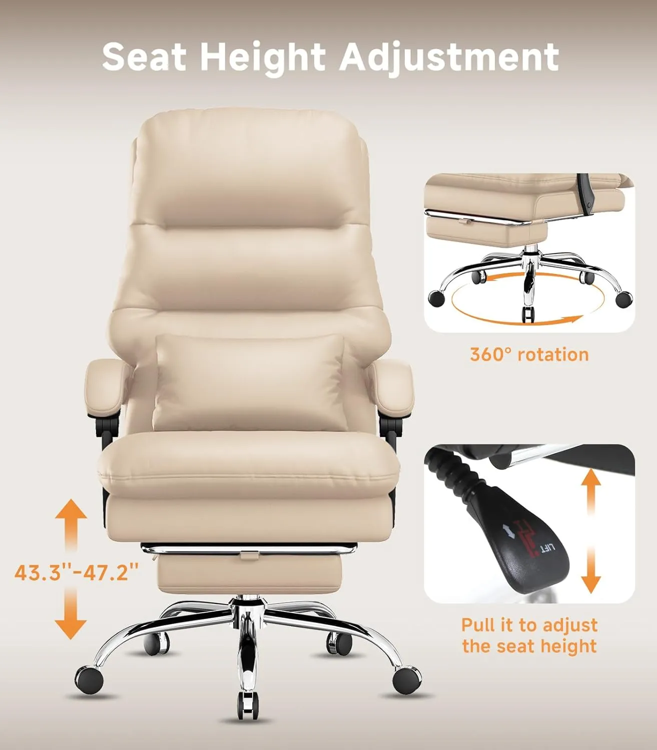 Office Chair, Big and Tall Office Desk Chair, Ergonomic Office Chair, 400LBS PU Leather Computer Chairs, Executive Chair with Foot Rest and Lumbar Pillow (Beige)