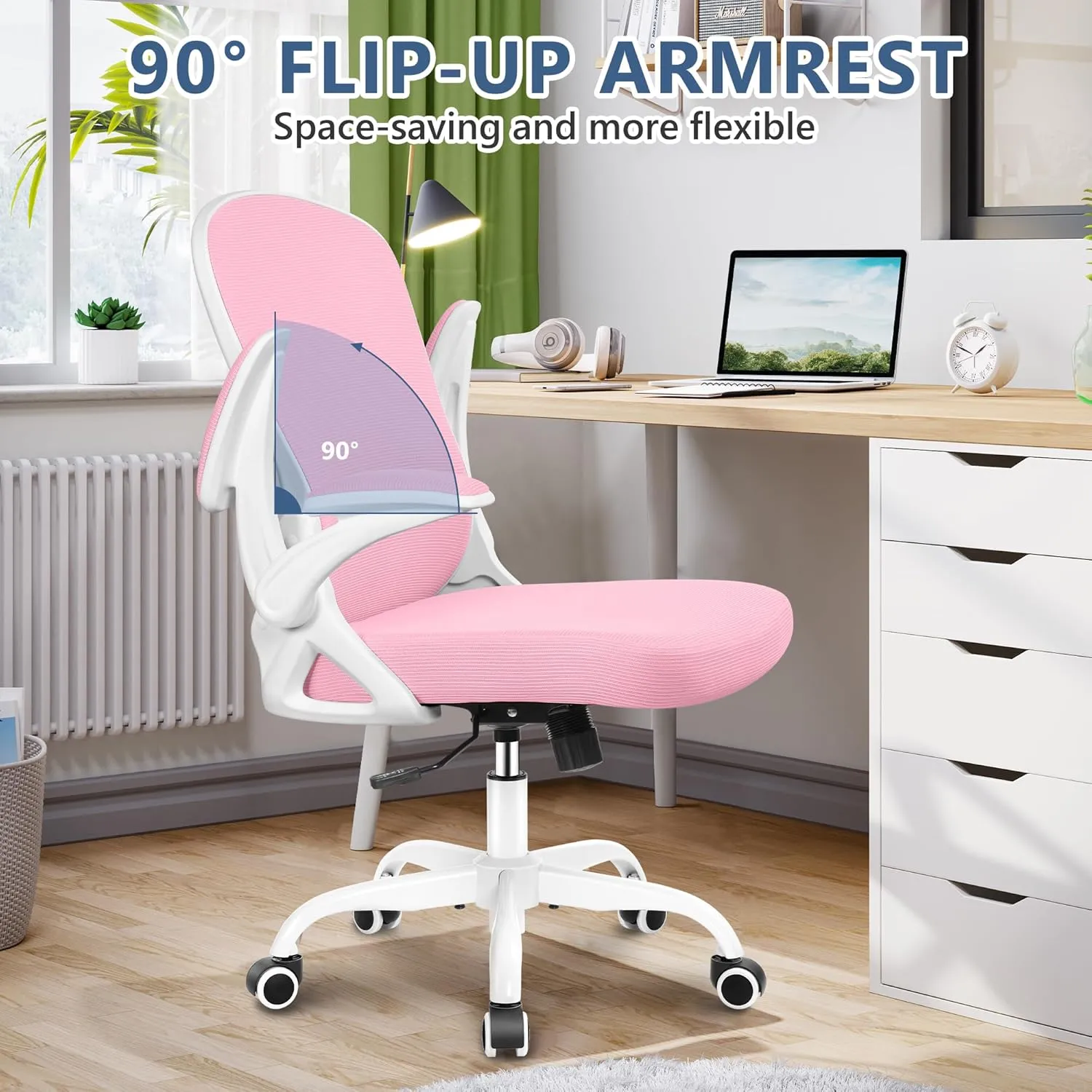 Office Chair Desk Chair, Ergonomic Mesh Computer Chair Home Office Desk Chairs, Swivel Task Chair Mid Back Breathable Rolling Chair with Adjustable Lumbar Support Flip Up Armrest (Pink)