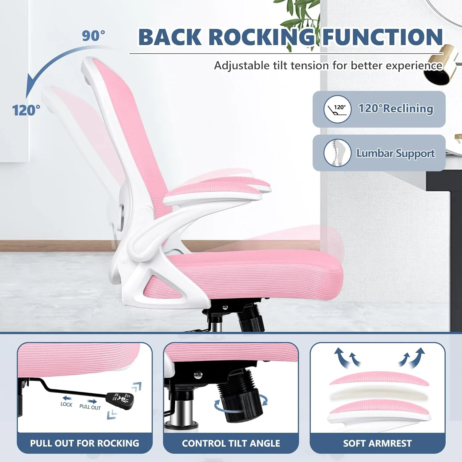 Office Chair Desk Chair, Ergonomic Mesh Computer Chair Home Office Desk Chairs, Swivel Task Chair Mid Back Breathable Rolling Chair with Adjustable Lumbar Support Flip Up Armrest (Pink)