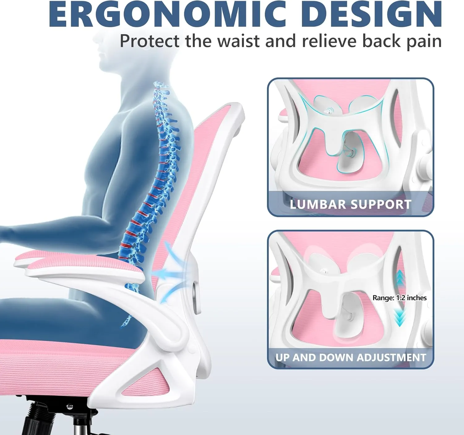 Office Chair Desk Chair, Ergonomic Mesh Computer Chair Home Office Desk Chairs, Swivel Task Chair Mid Back Breathable Rolling Chair with Adjustable Lumbar Support Flip Up Armrest (Pink)