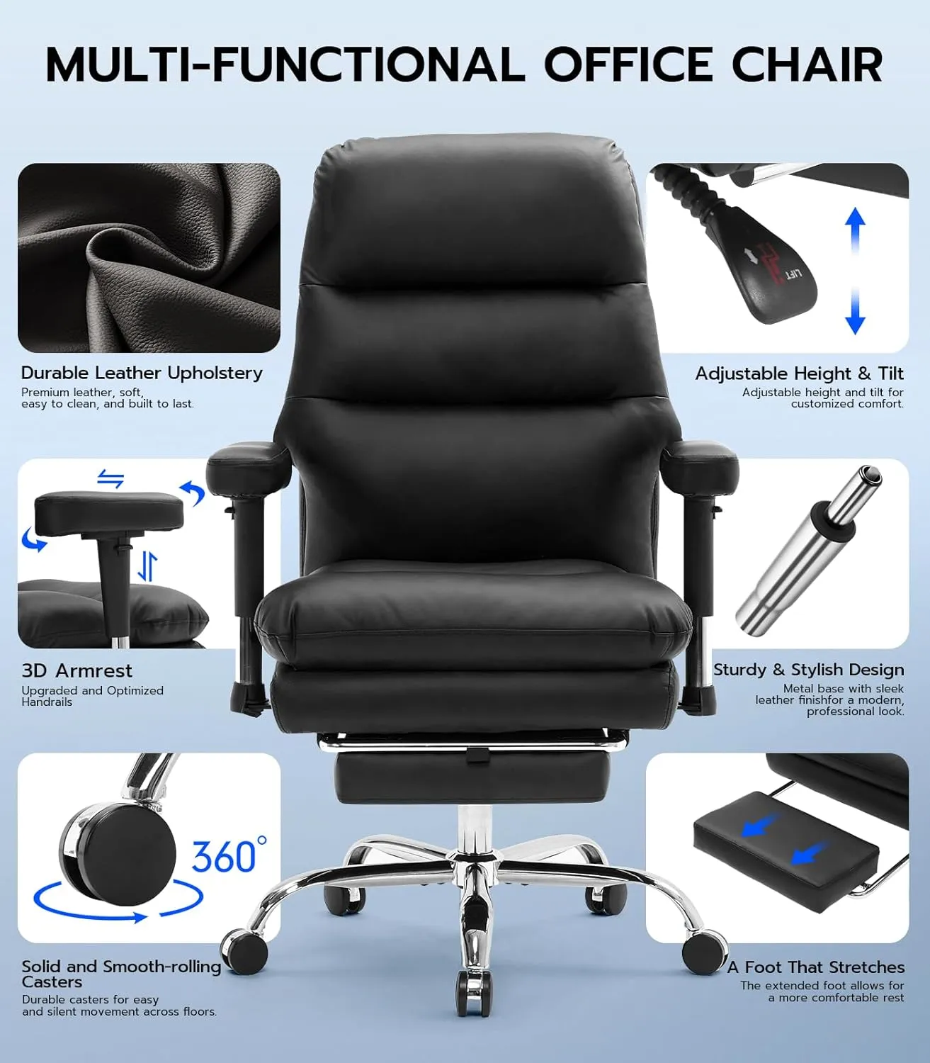 Office Chair with 3D Adjustable Armrest, Big and Tall Office Desk Chair, Ergonomic Office Chair, 400LBS PU Leather Computer Chairs, Executive Chair with Foot Rest and Lumbar Pillow