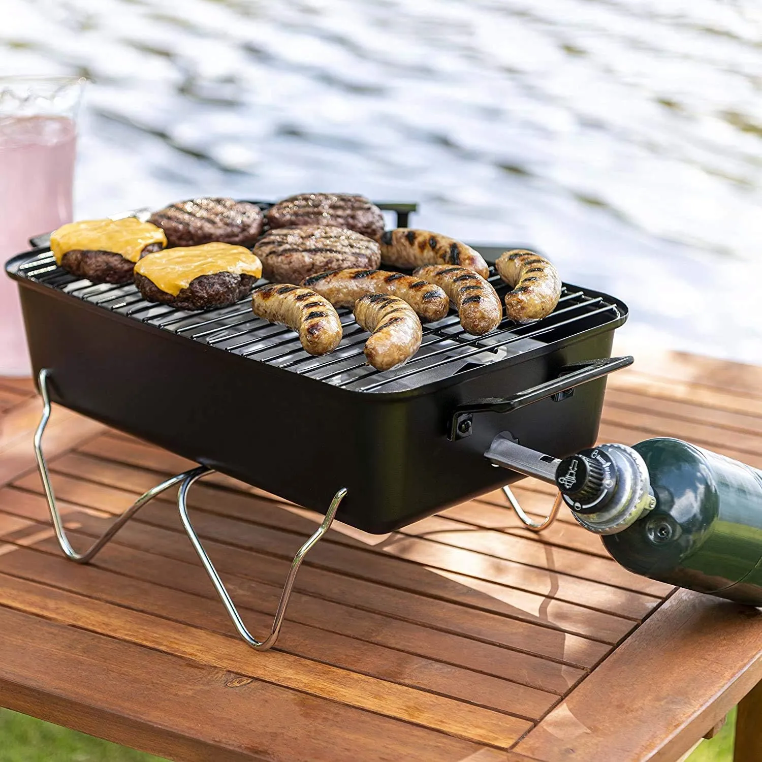 Omaha Go Anywhere Portable Gas Grill - Mini BBQ Propane Grill for Camping, RV, Tailgate - Cooks 8 hamburgers at once - Long Life Steel - Foldable Legs