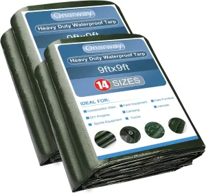 Onarway Poly Tarps Waterproof for Outdoor: Green Tarpaulin 6Mil Thicken 9x9 Ft 2Packs- Anti-UV Waterproof Tarp Cover with Grommets Multipurpose for Boat Pool Roof Camping