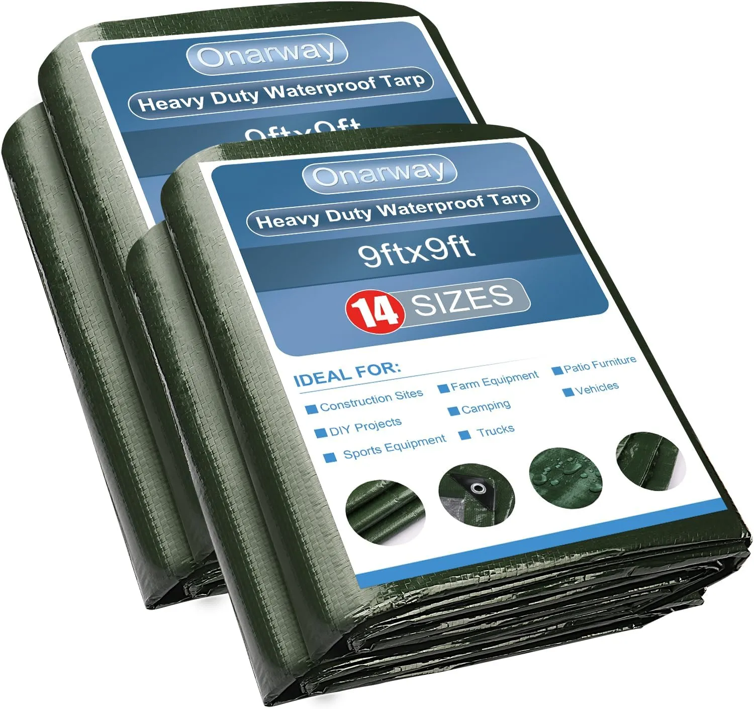 Onarway Poly Tarps Waterproof for Outdoor: Green Tarpaulin 6Mil Thicken 9x9 Ft 2Packs- Anti-UV Waterproof Tarp Cover with Grommets Multipurpose for Boat Pool Roof Camping