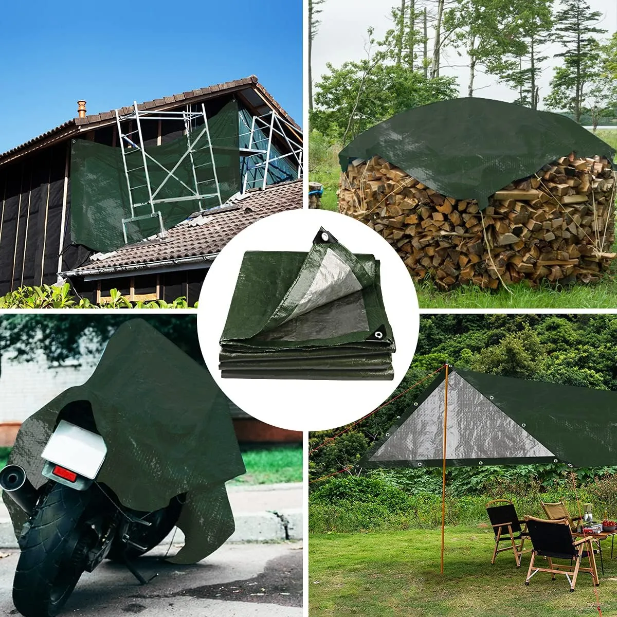 Onarway Poly Tarps Waterproof for Outdoor: Green Tarpaulin 6Mil Thicken 9x9 Ft 2Packs- Anti-UV Waterproof Tarp Cover with Grommets Multipurpose for Boat Pool Roof Camping