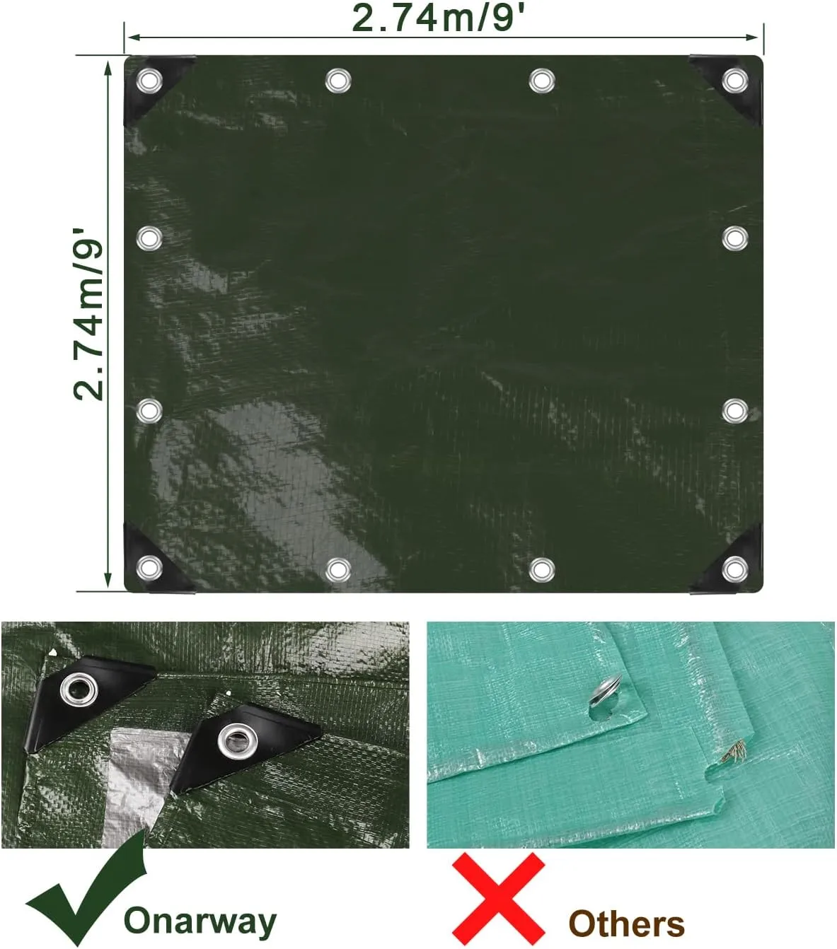 Onarway Poly Tarps Waterproof for Outdoor: Green Tarpaulin 6Mil Thicken 9x9 Ft 2Packs- Anti-UV Waterproof Tarp Cover with Grommets Multipurpose for Boat Pool Roof Camping