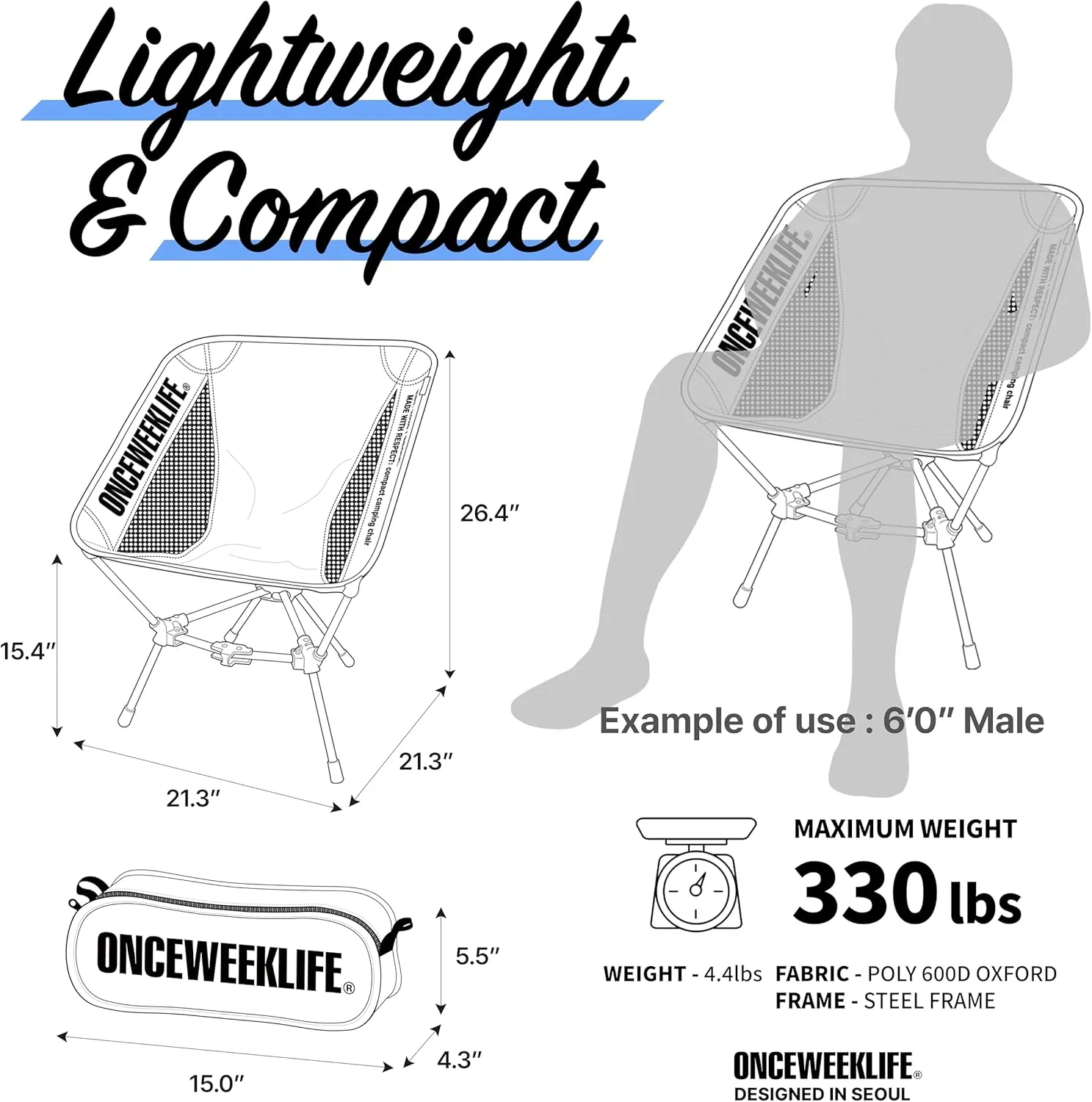 ONCEWEEKLIFE® Compact Camping Chair - Folding Chair, Foldable Lightweight Foldable Outdoor Chairs for Hiking Mountaineering Beach, and Backpacking 330 lbs Capacity (Beige)