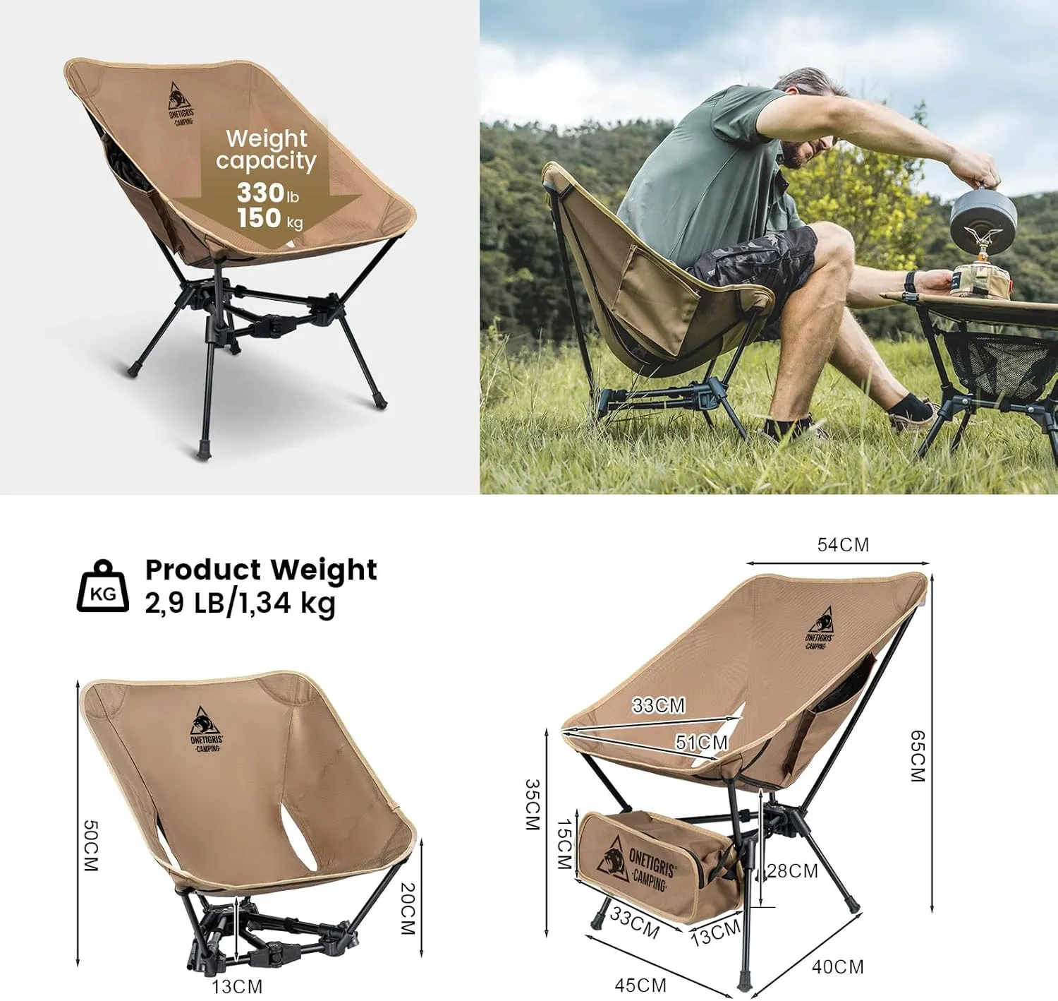 OneTigris Tigerblade Camping Chair, Lightweight Folding Backpacking Hiking, Compact Portable 330 lbs Capacity