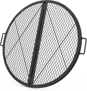 only fire X-Marks Fire Pit Cooking Grate, Foldable Round Grate for Outdoor Cooking, Heavy Duty Steel Campfire BBQ Grill Grid with Handle, Portable Camping Cookware, 30 inch
